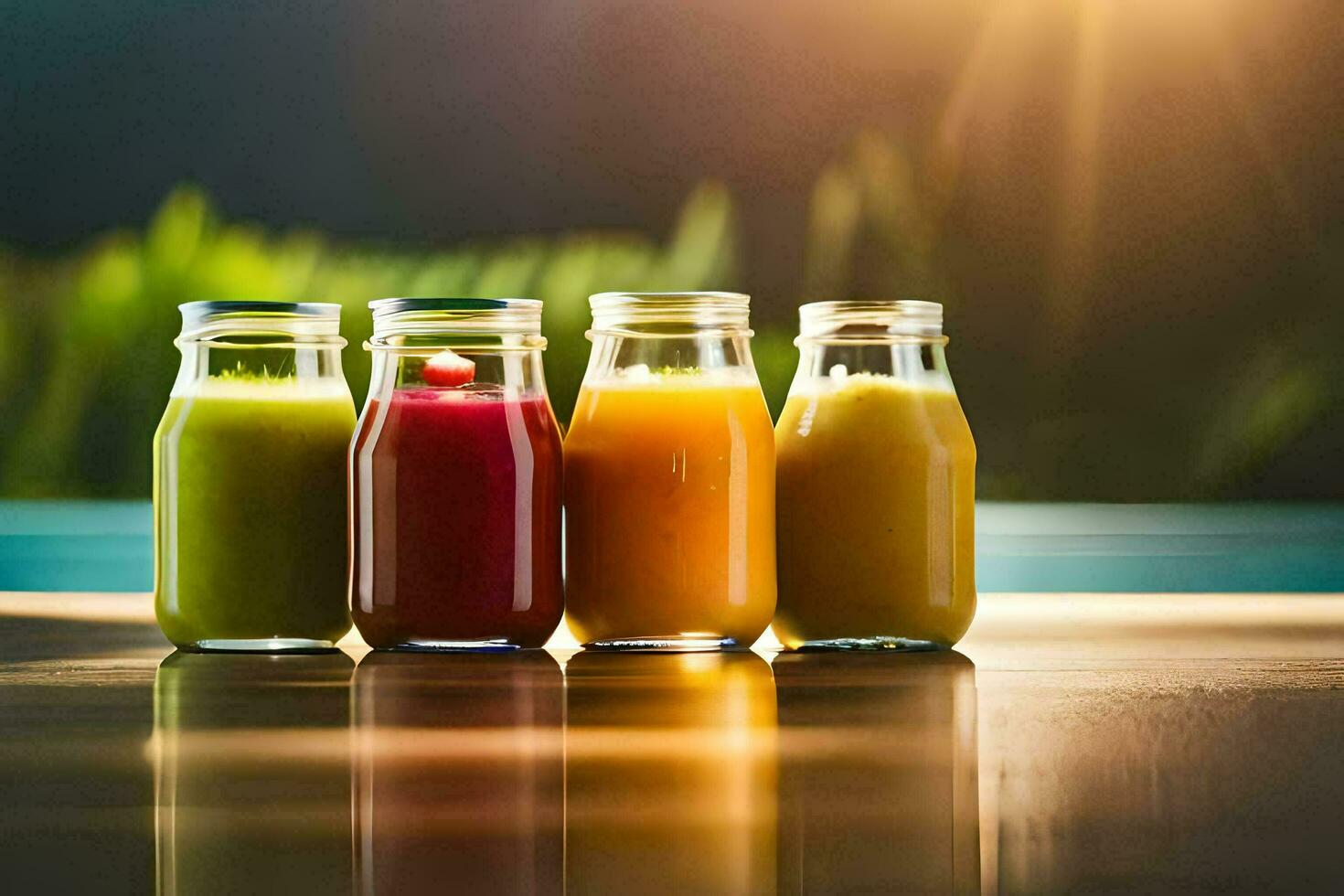 fem annorlunda juicer i glas flaskor på en tabell. ai-genererad foto