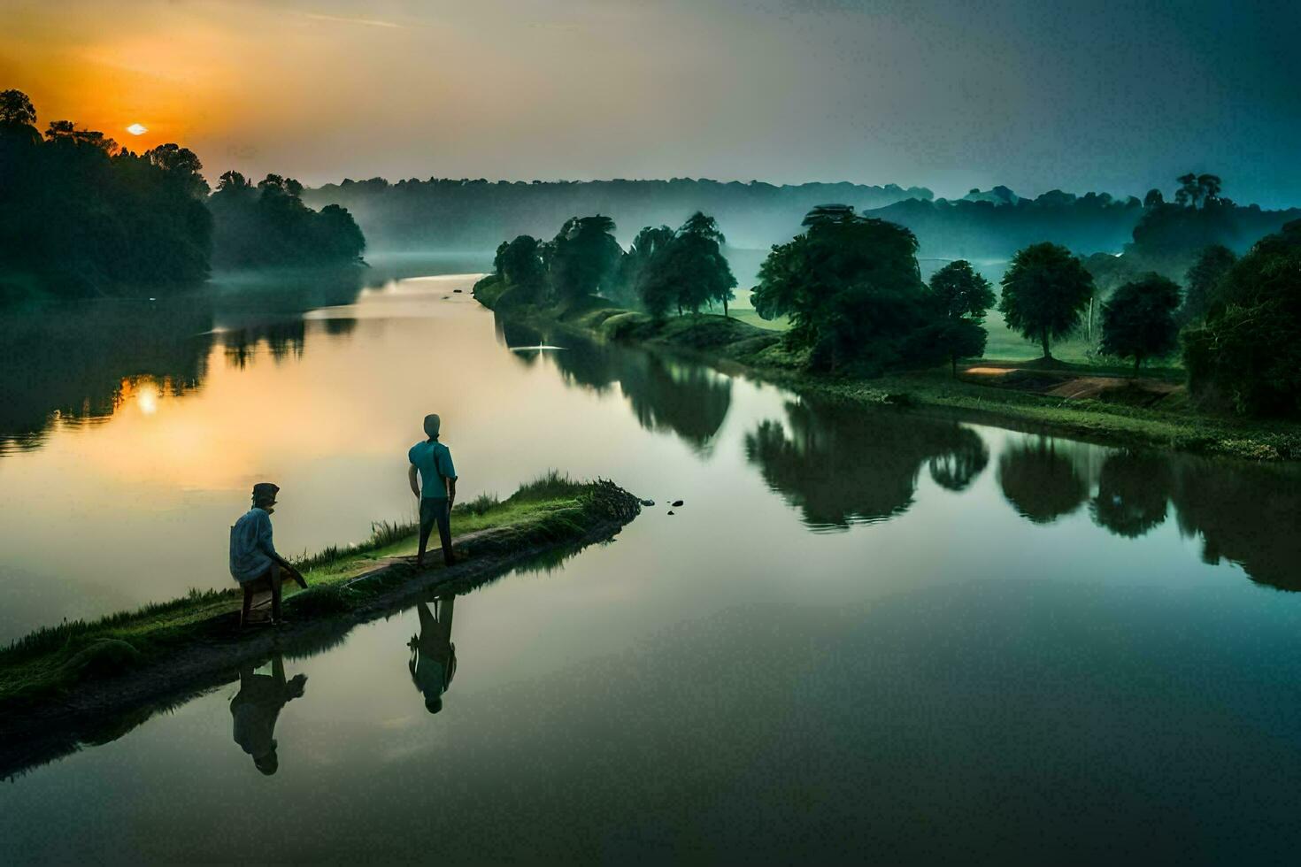 två människor stå på en docka på solnedgång. ai-genererad foto