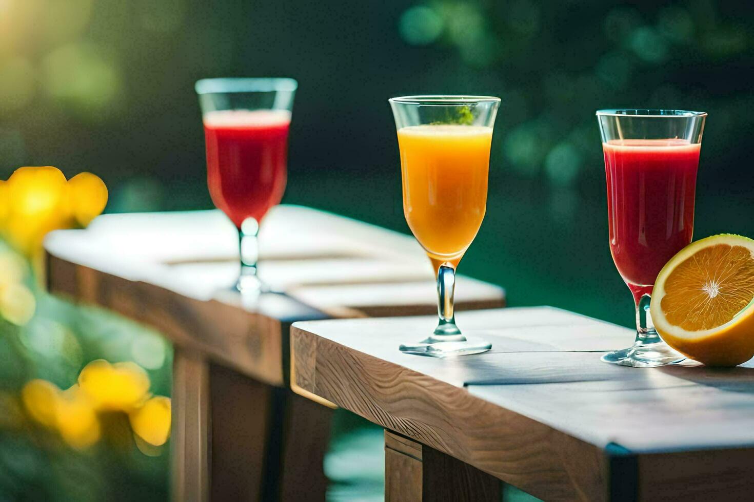 tre glasögon av orange juice på en trä- tabell. ai-genererad foto