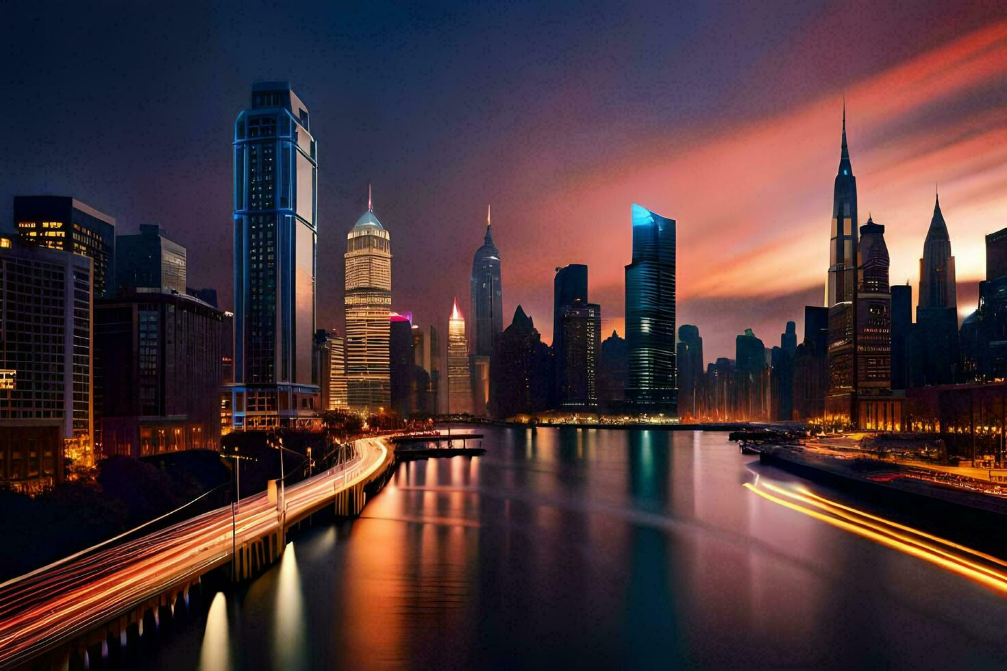 en stad horisont på natt med lampor på de byggnader. ai-genererad foto
