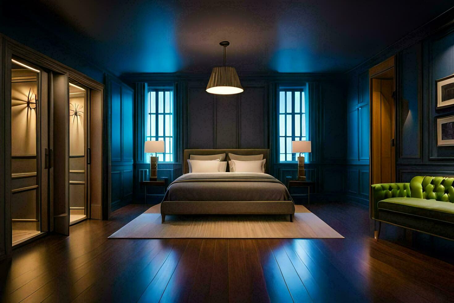 en sovrum med blå väggar och trä golv. ai-genererad foto