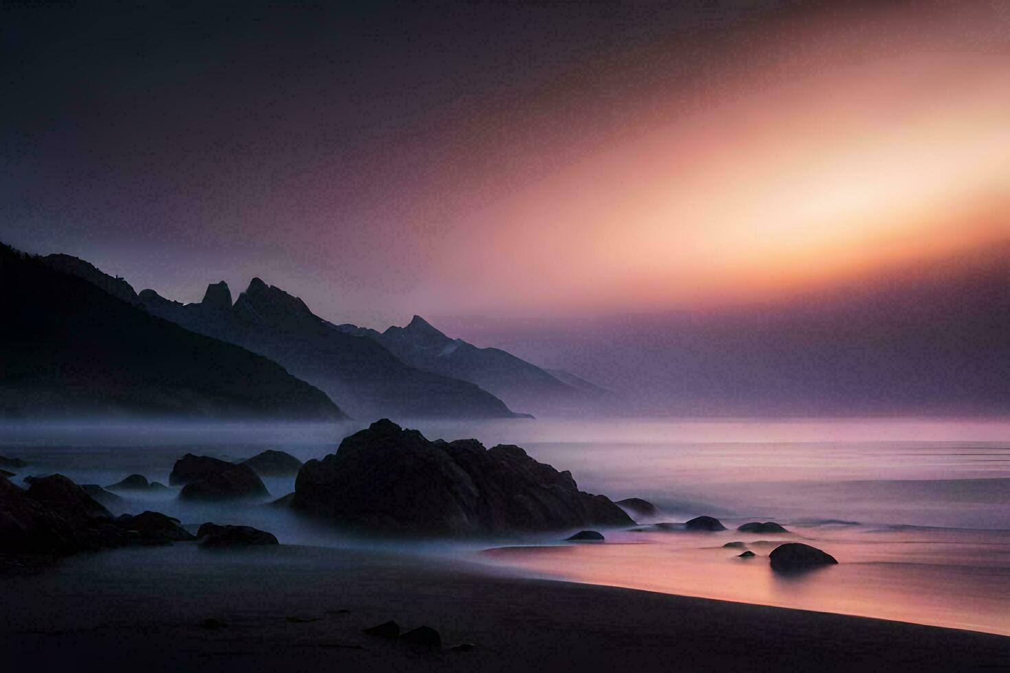 en solnedgång över de hav med stenar och berg. ai-genererad foto