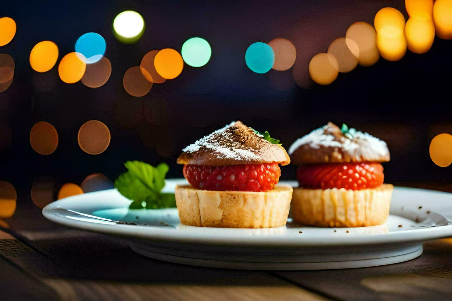 två små muffins på en tallrik med en bakgrund av lampor. ai-genererad foto