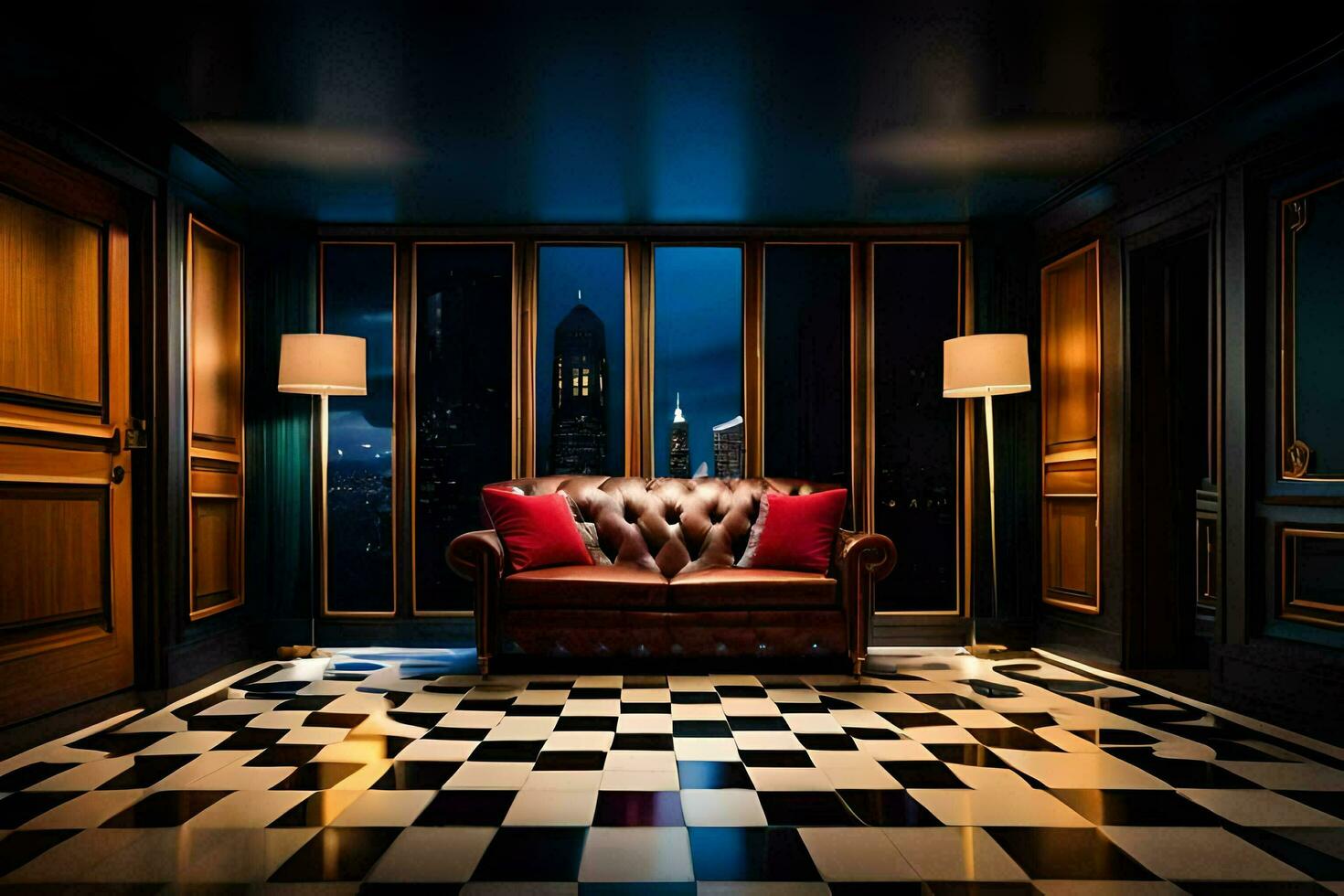 en rum med en rutig golv och en röd soffa. ai-genererad foto