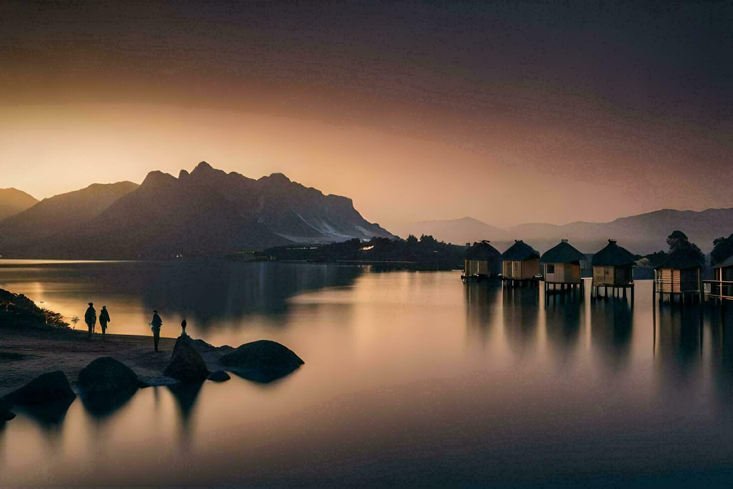 de lofoten öar, norge, solnedgång, berg, vatten, människor, h. ai-genererad foto