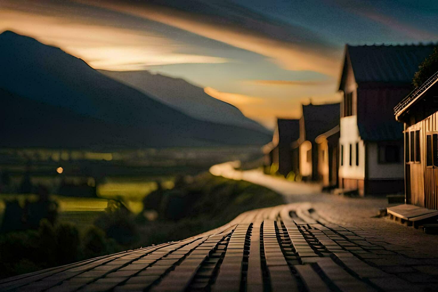 en lång väg med hus och bergen i de bakgrund. ai-genererad foto