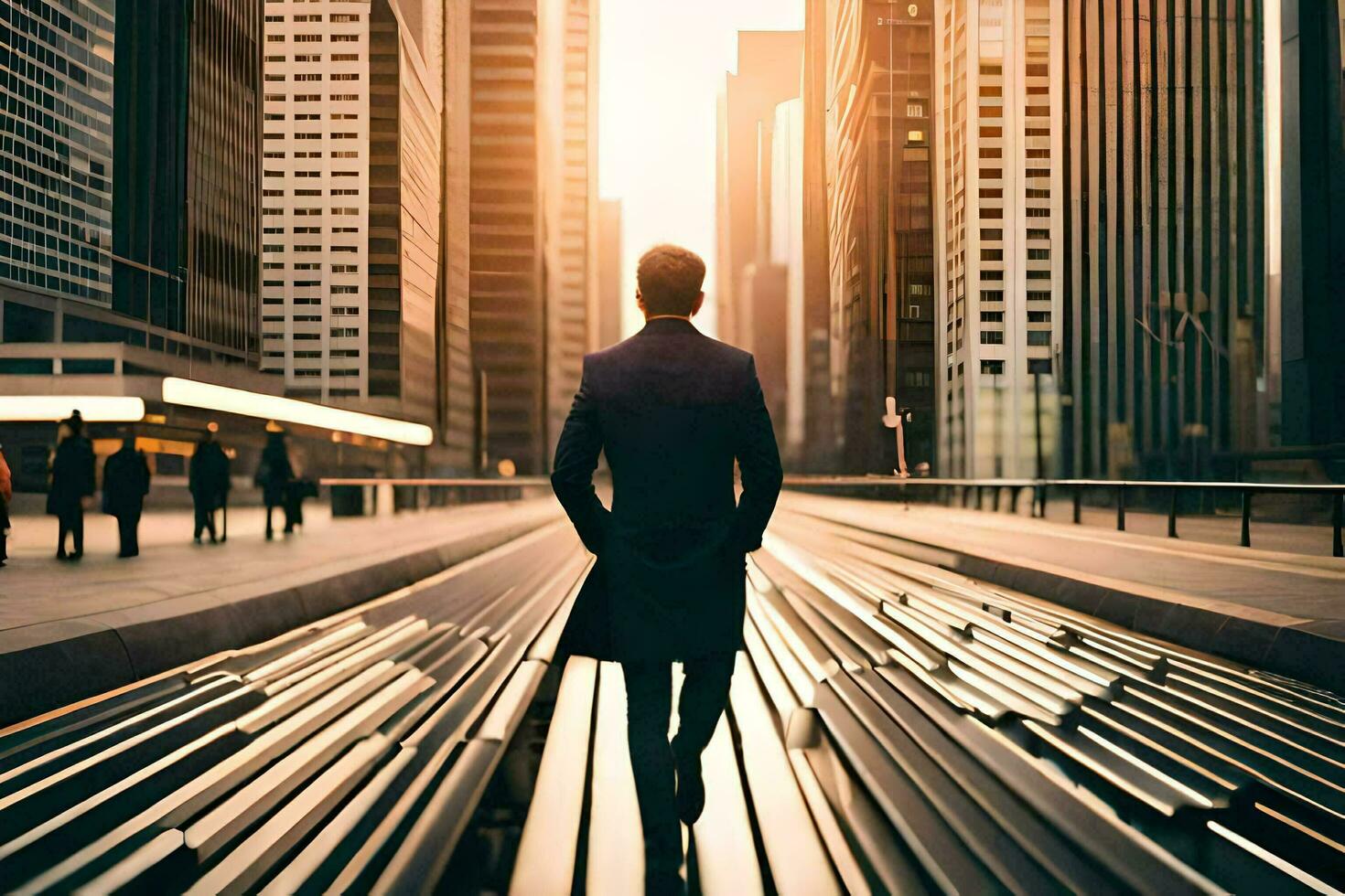 en man gående ner en stad gata med lång byggnader i de bakgrund. ai-genererad foto