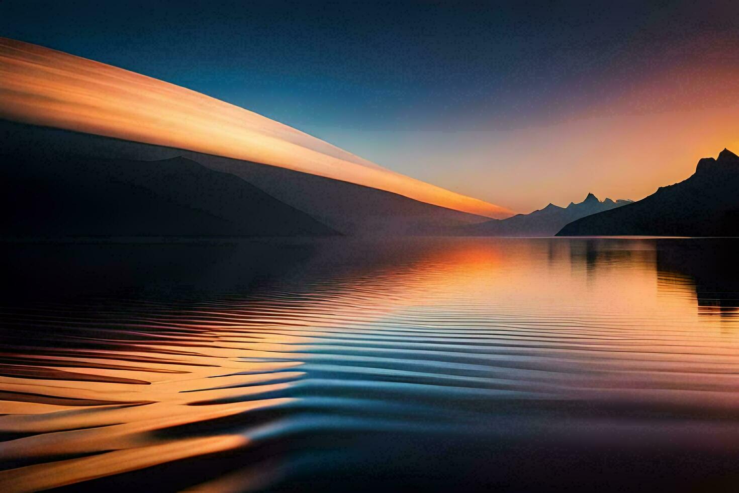 en skön solnedgång över en sjö med bergen i de bakgrund. ai-genererad foto