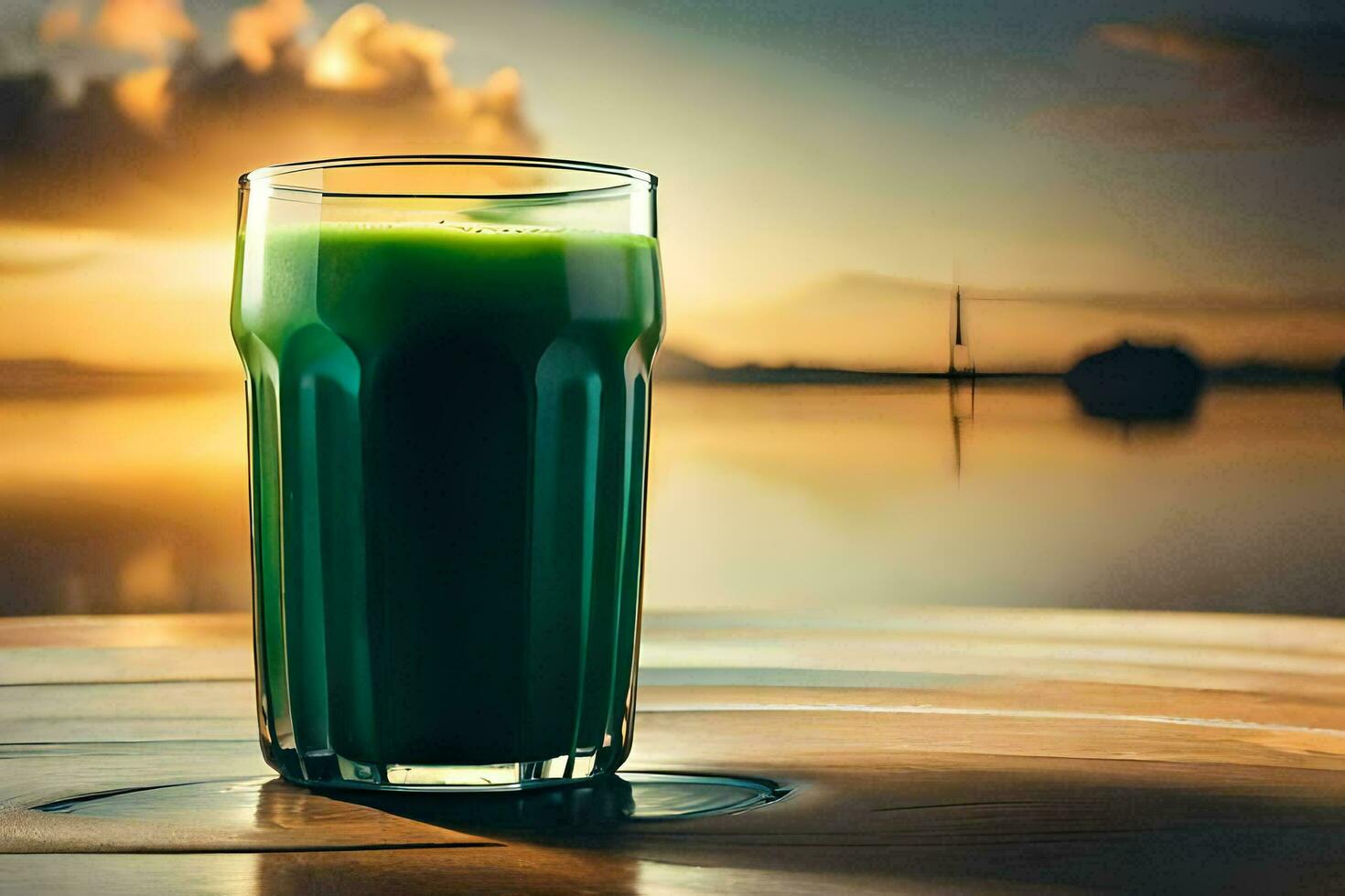 en glas av grön juice på en tabell i främre av en sjö. ai-genererad foto