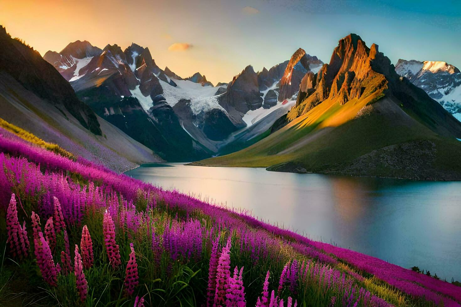 de bergen är täckt i lila blommor och de Sol är lysande på de sjö. ai-genererad foto