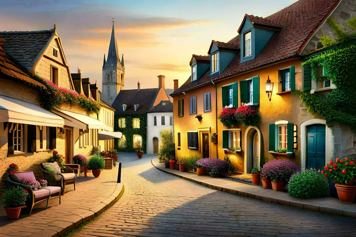 en gata i Europa med färgrik hus och blommor. ai-genererad foto