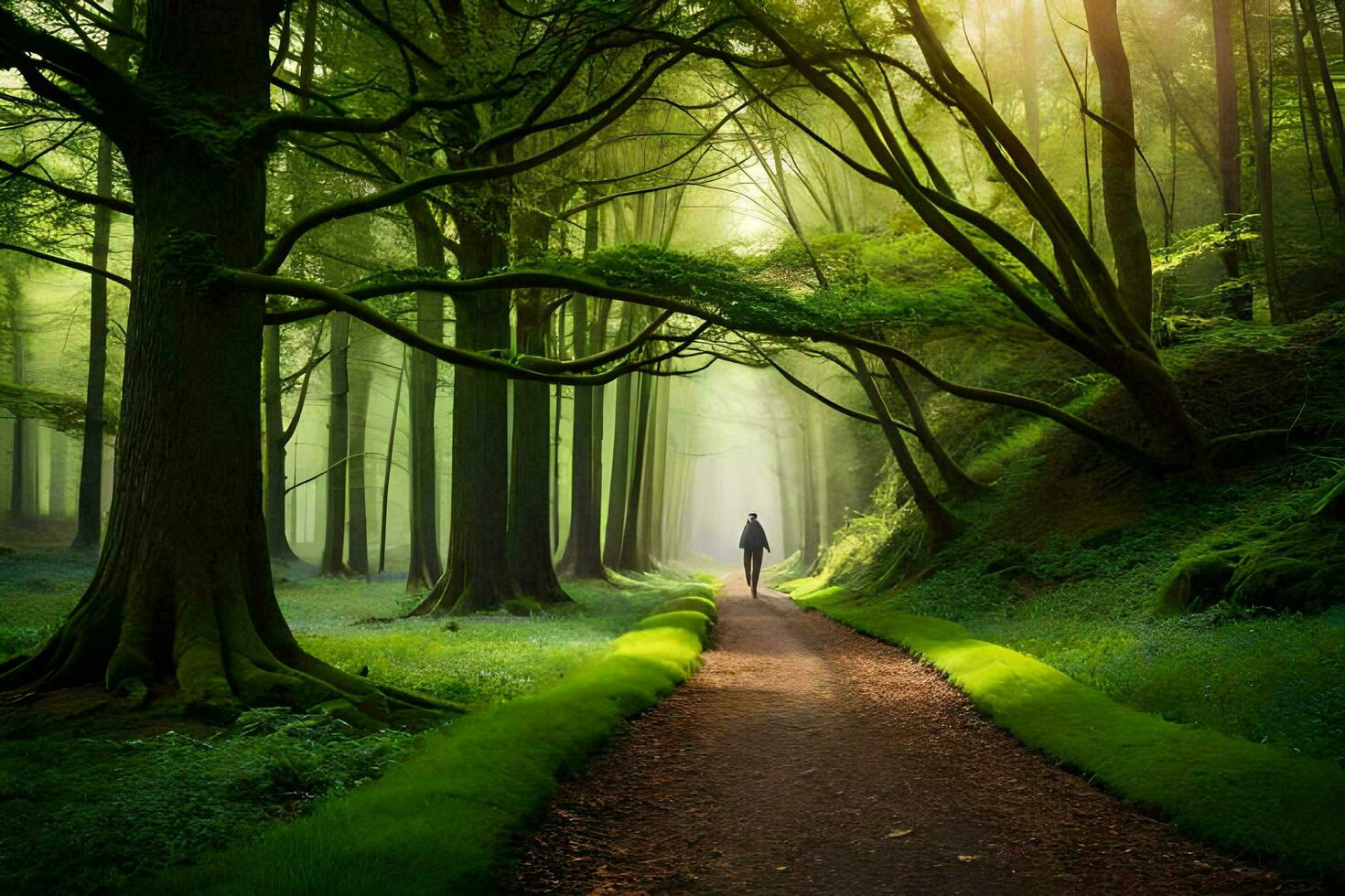 en man gående ner en väg i de mitten av en skog. ai-genererad foto