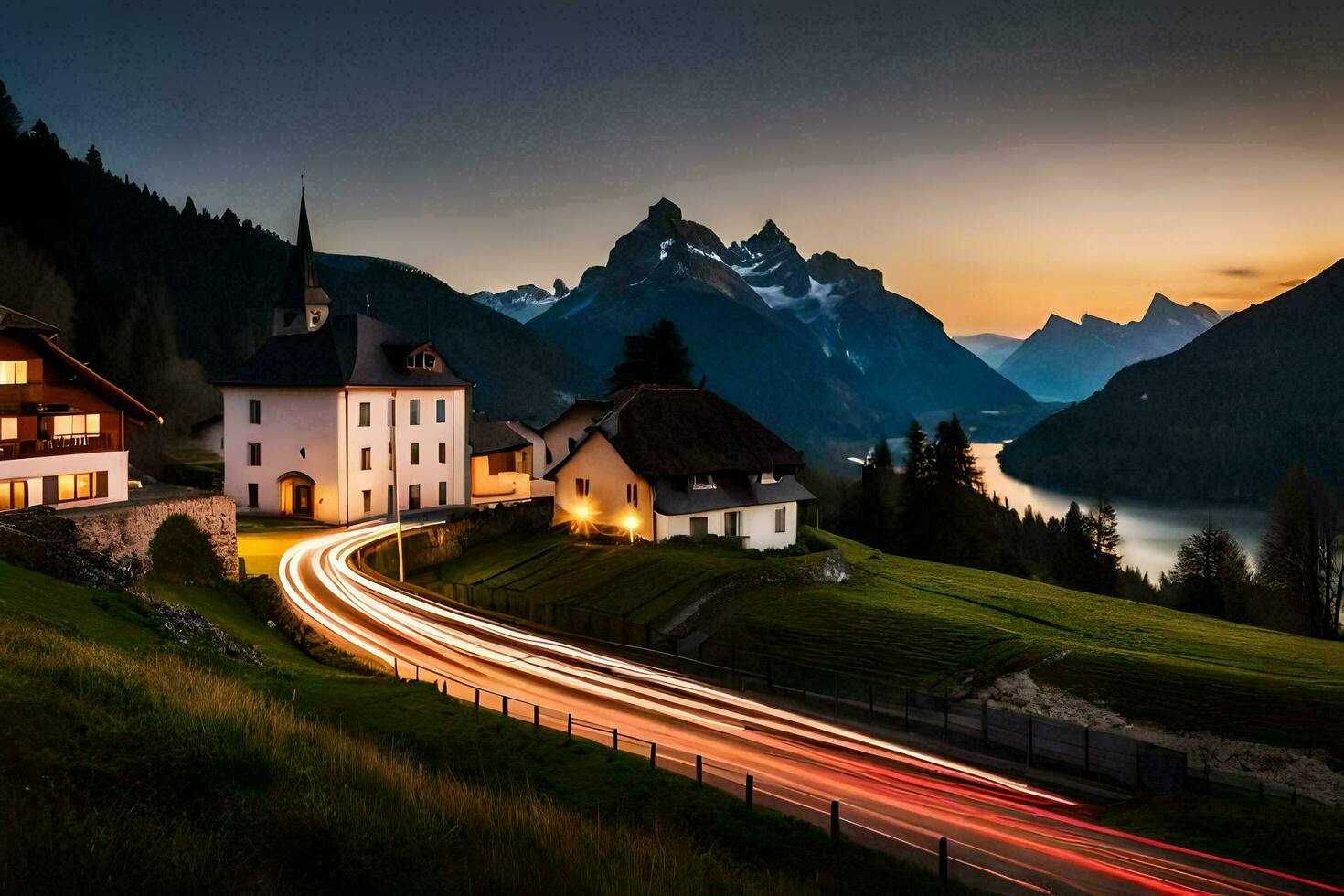 en hus och en berg på solnedgång. ai-genererad foto