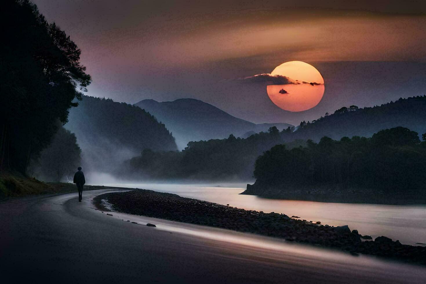 en man promenader längs en väg i främre av en flod på solnedgång. ai-genererad foto