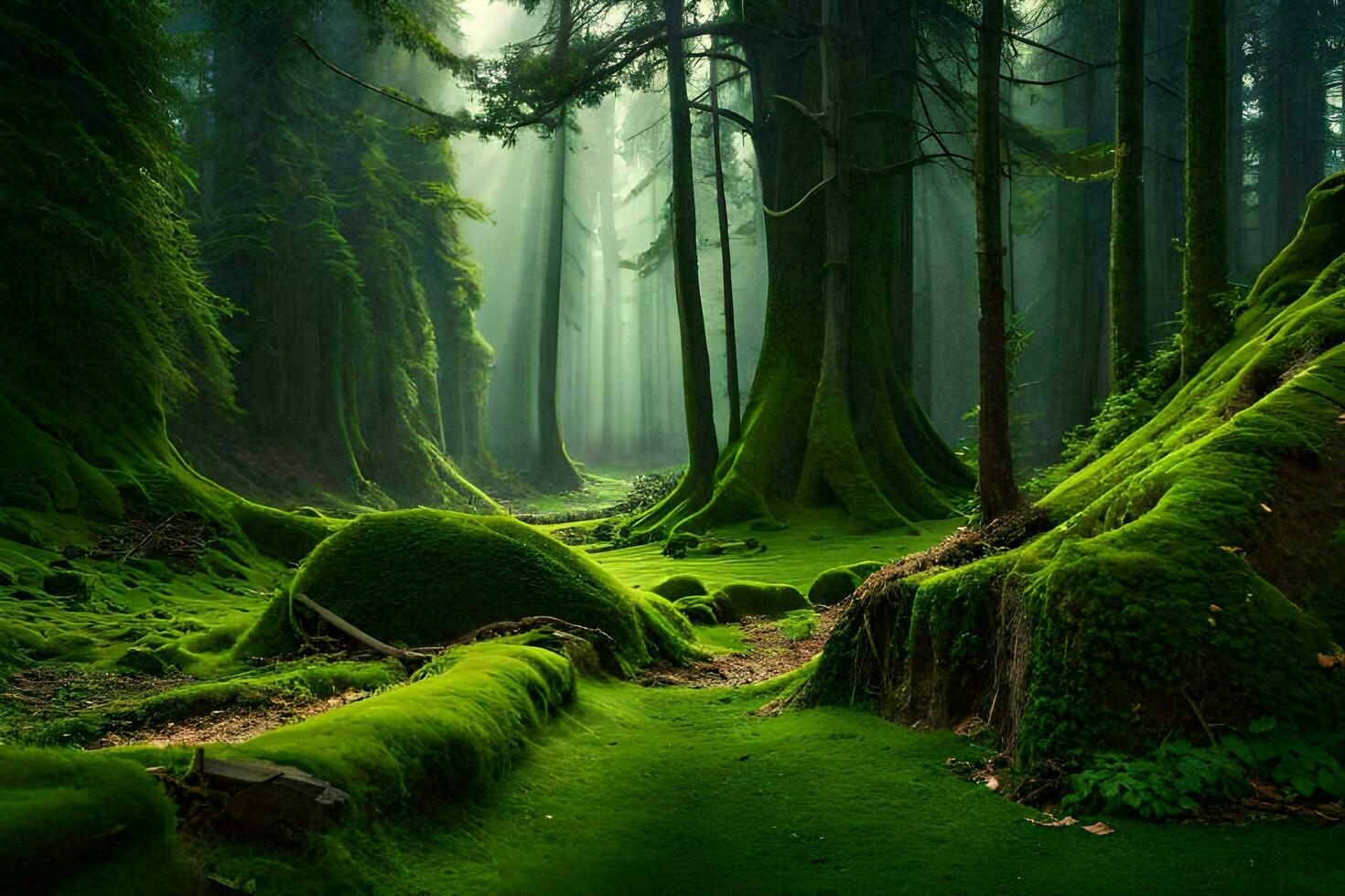 en grön skog med mossiga träd och träd. ai-genererad foto