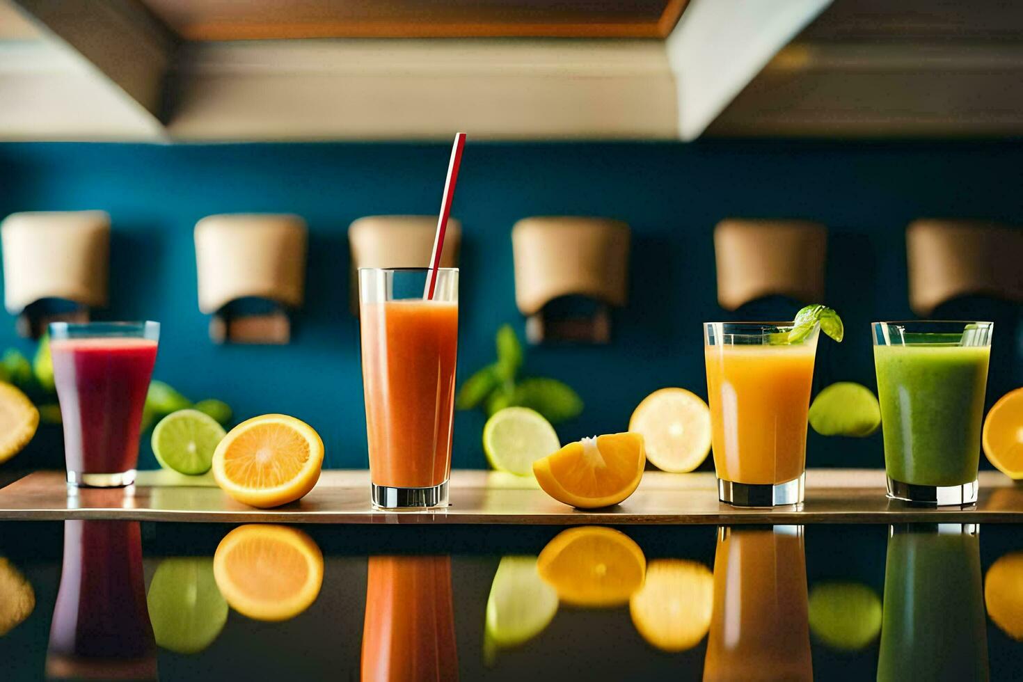 en rad av annorlunda färgad juicer på en bar. ai-genererad foto