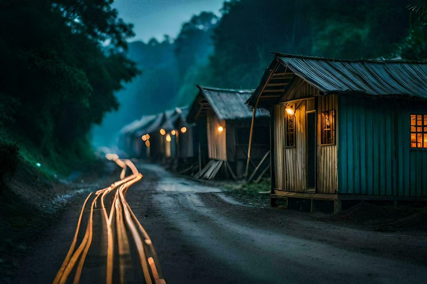 en lång exponering Foto av en väg med hus och lampor. ai-genererad