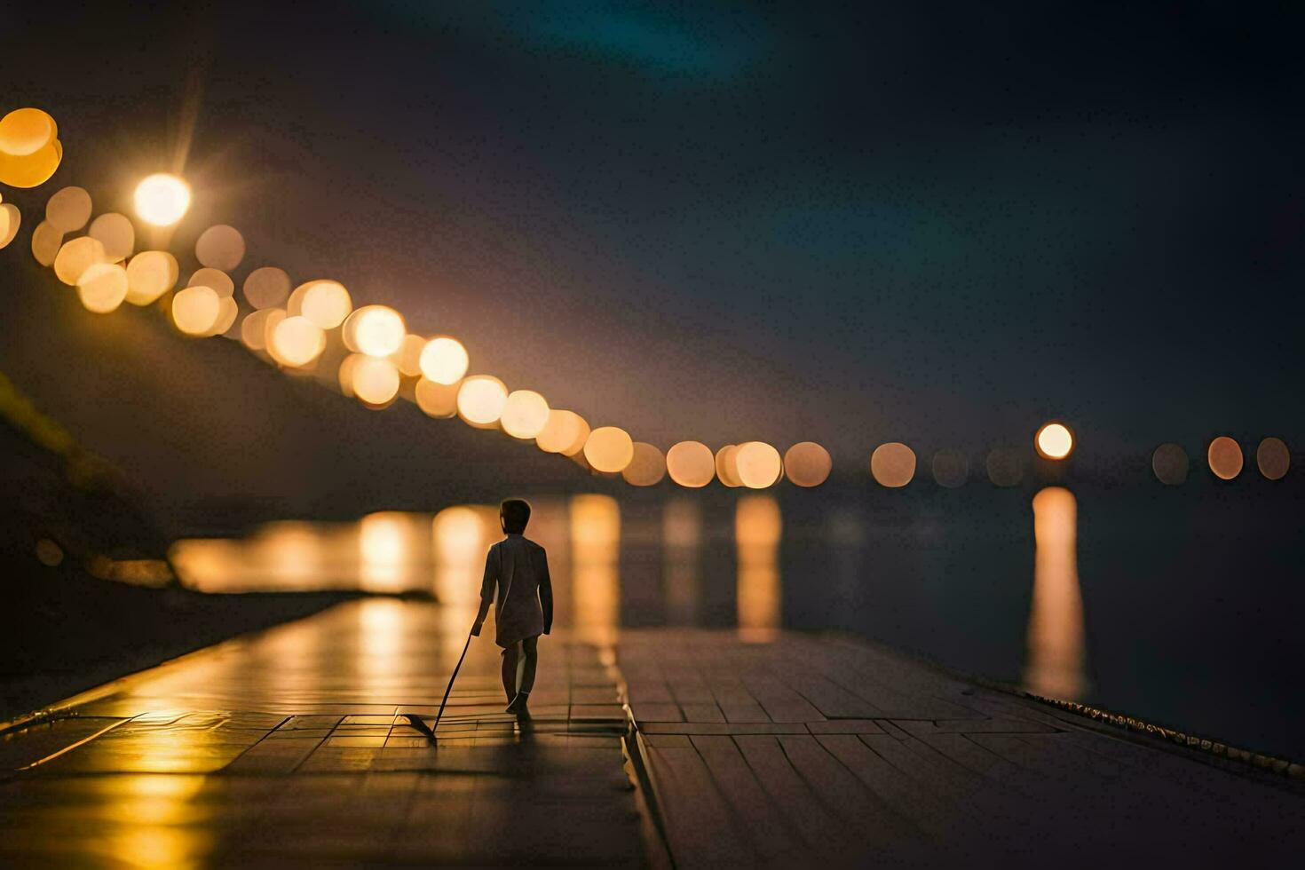 en person gående på en pir på natt med lampor i de bakgrund. ai-genererad foto