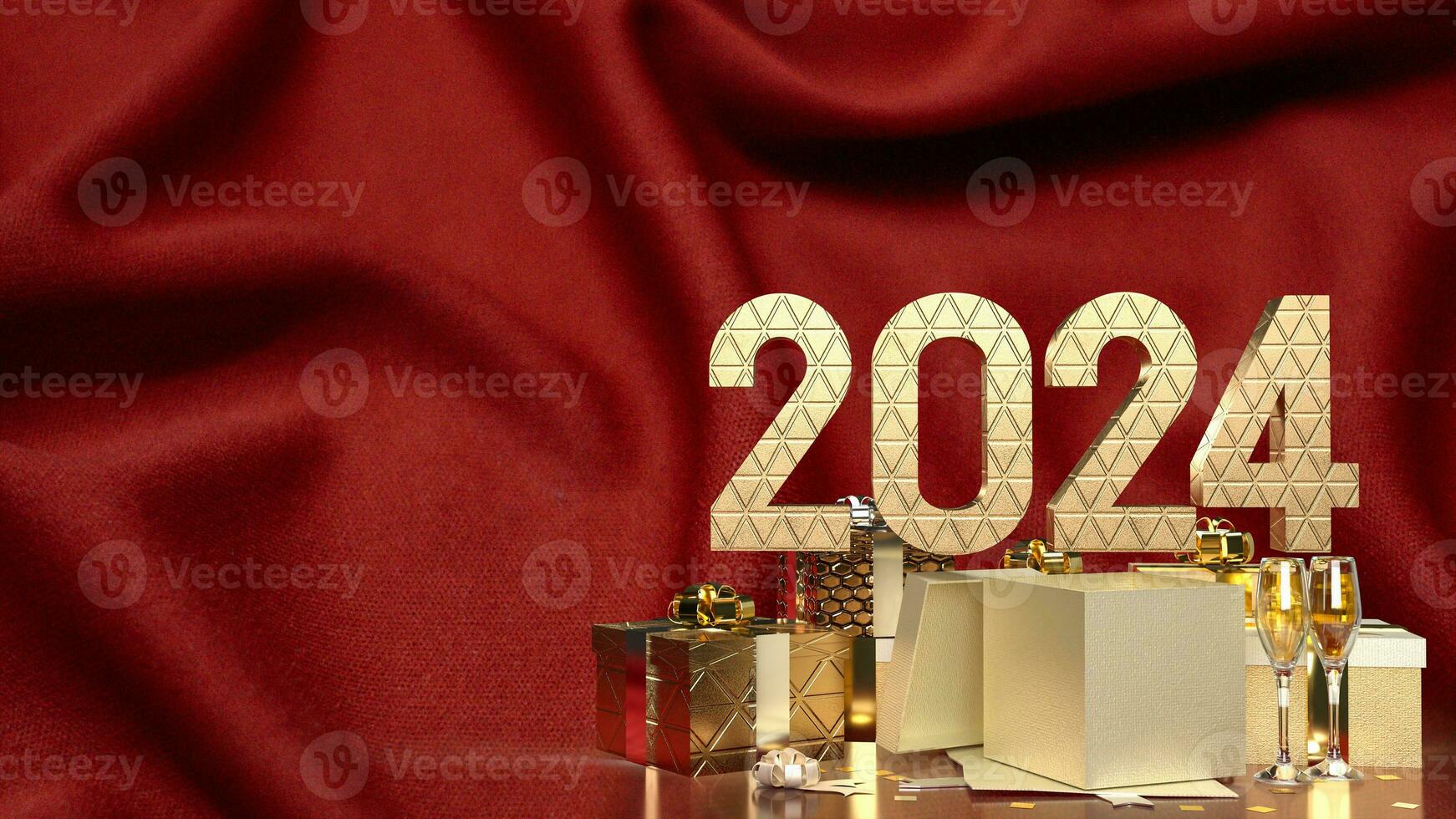 de guld siffra och gåva låda för firande 2024 3d tolkning foto