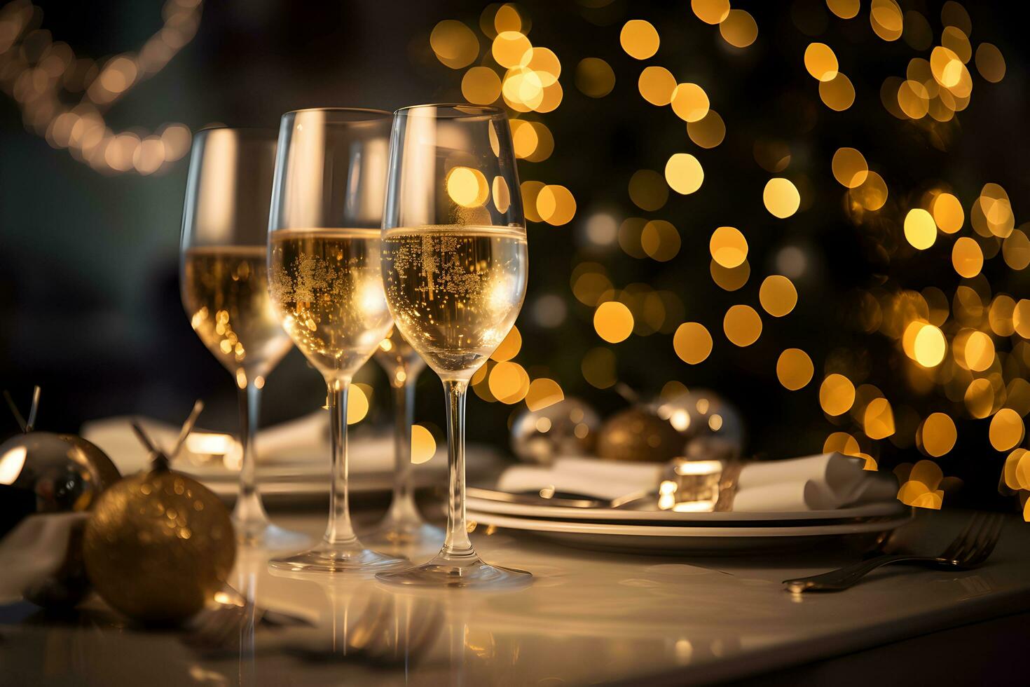 champagne glasögon på festlig tabell med guld lysande bokeh bakgrund. firande bakgrund med gnistrande vin. ai genererad foto