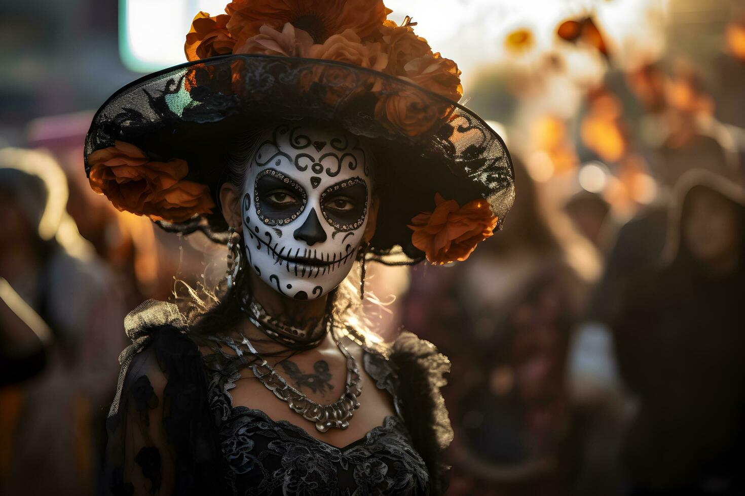skön närbild porträtt av ung kvinna i traditionell calavera catrina utrusta och smink för de dag av de död- på de nationell mexikansk festival. ai genererad foto