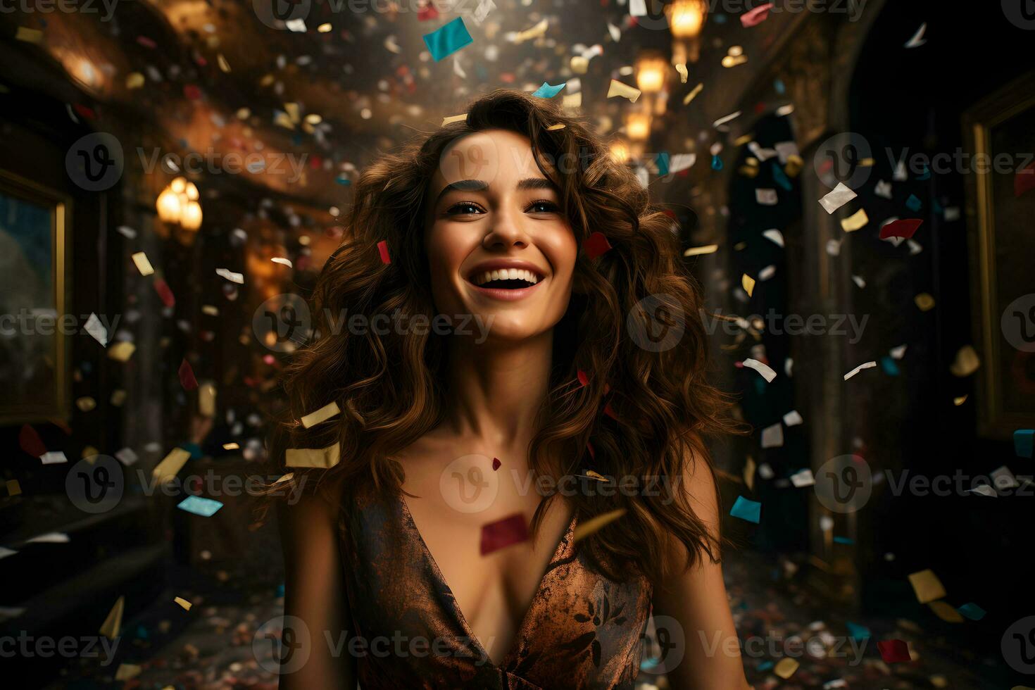 stänga upp porträtt av Lycklig kvinna under festlig konfetti, i de restaurang eller Kafé, stänga upp porträtt. Lycklig glamorös ny år eve firande, födelsedag eller fest begrepp. foto