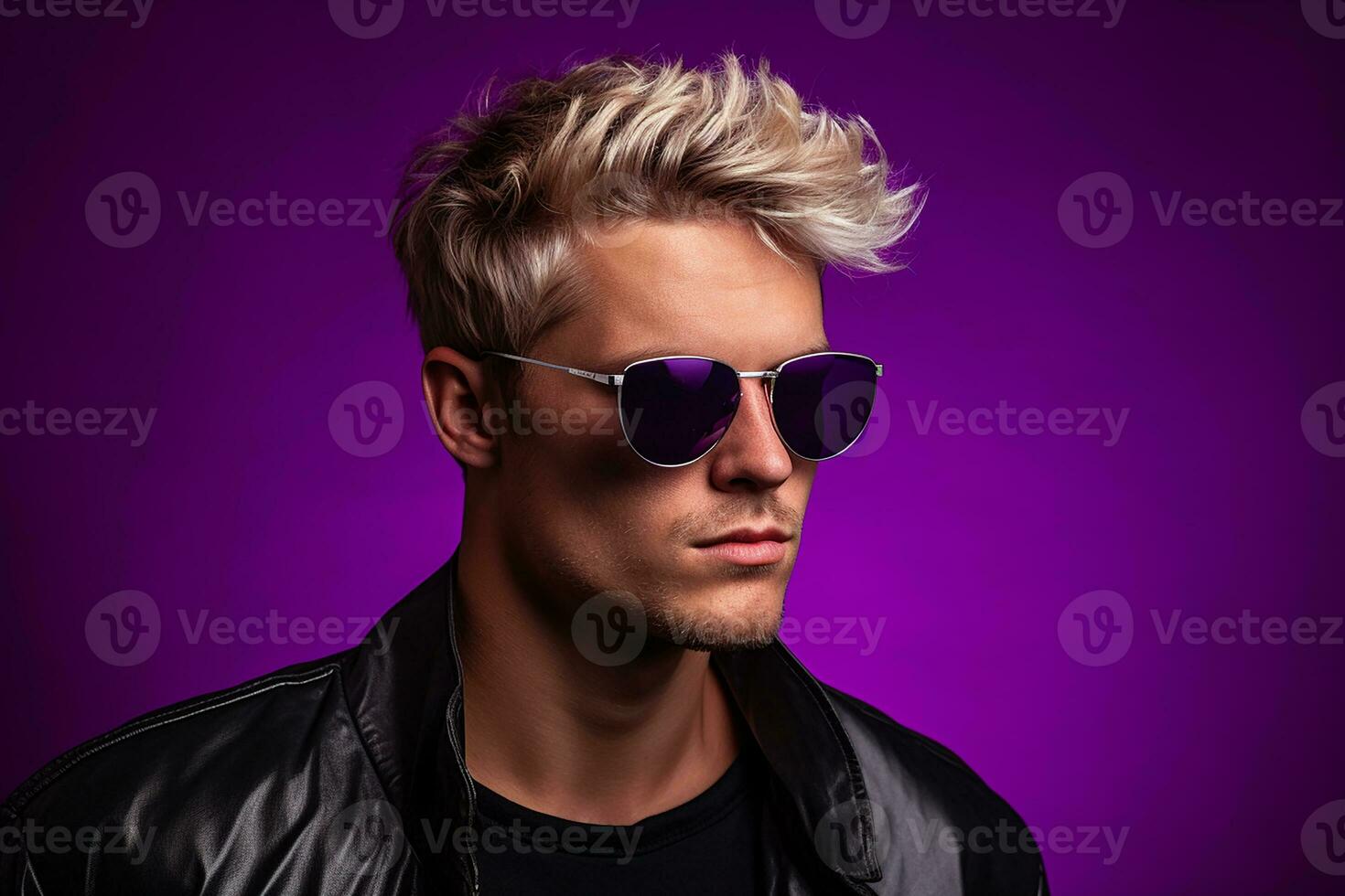 ai genererad studio porträtt av stilig blond man i solglasögon på annorlunda färger bakgrund foto