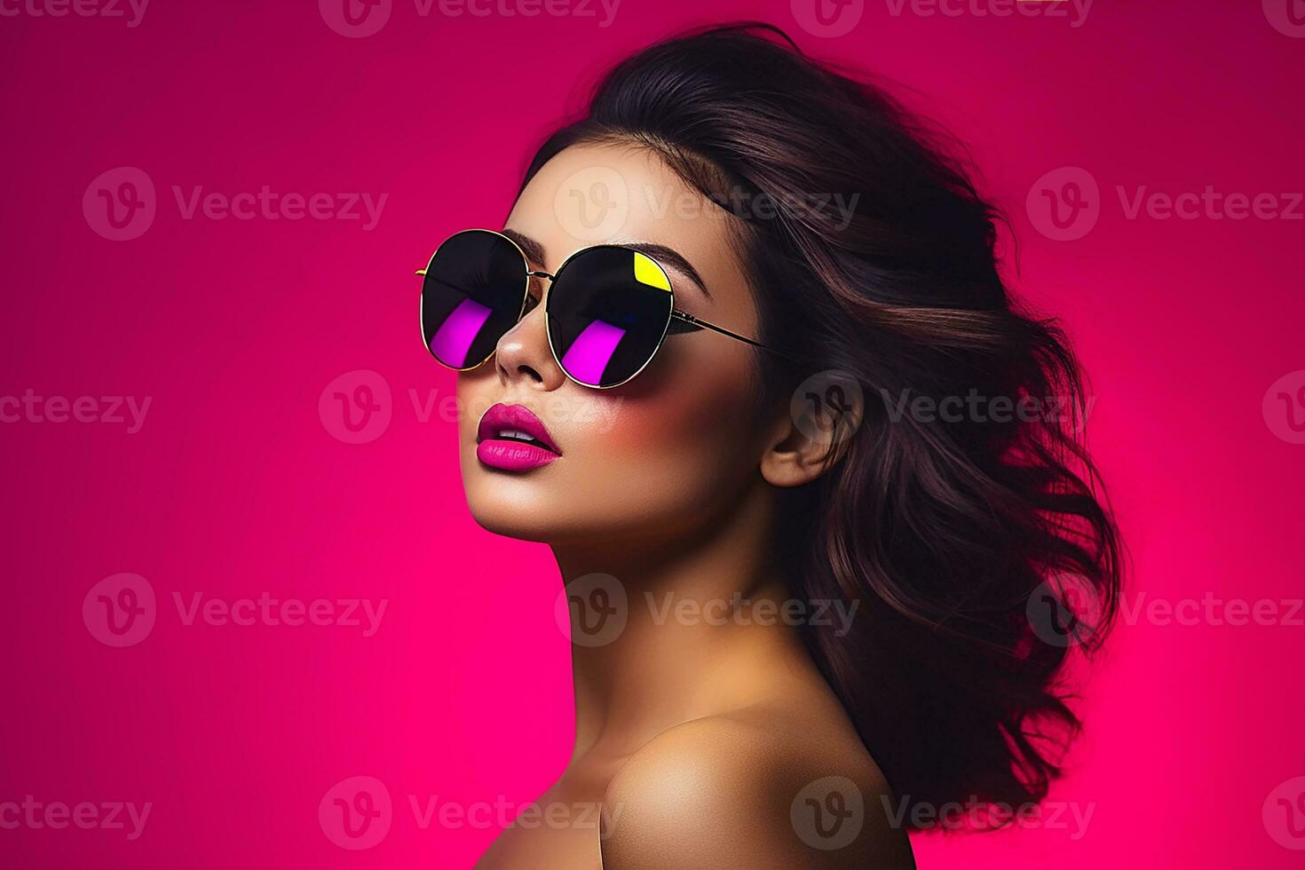 ai genererad studio porträtt av en skön ung brunett kvinna i solglasögon foto