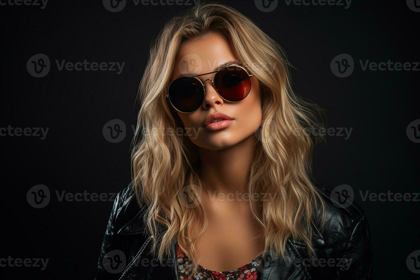 ai genererad studio porträtt av skön ung blond kvinna i solglasögon på annorlunda Färg bakgrund foto