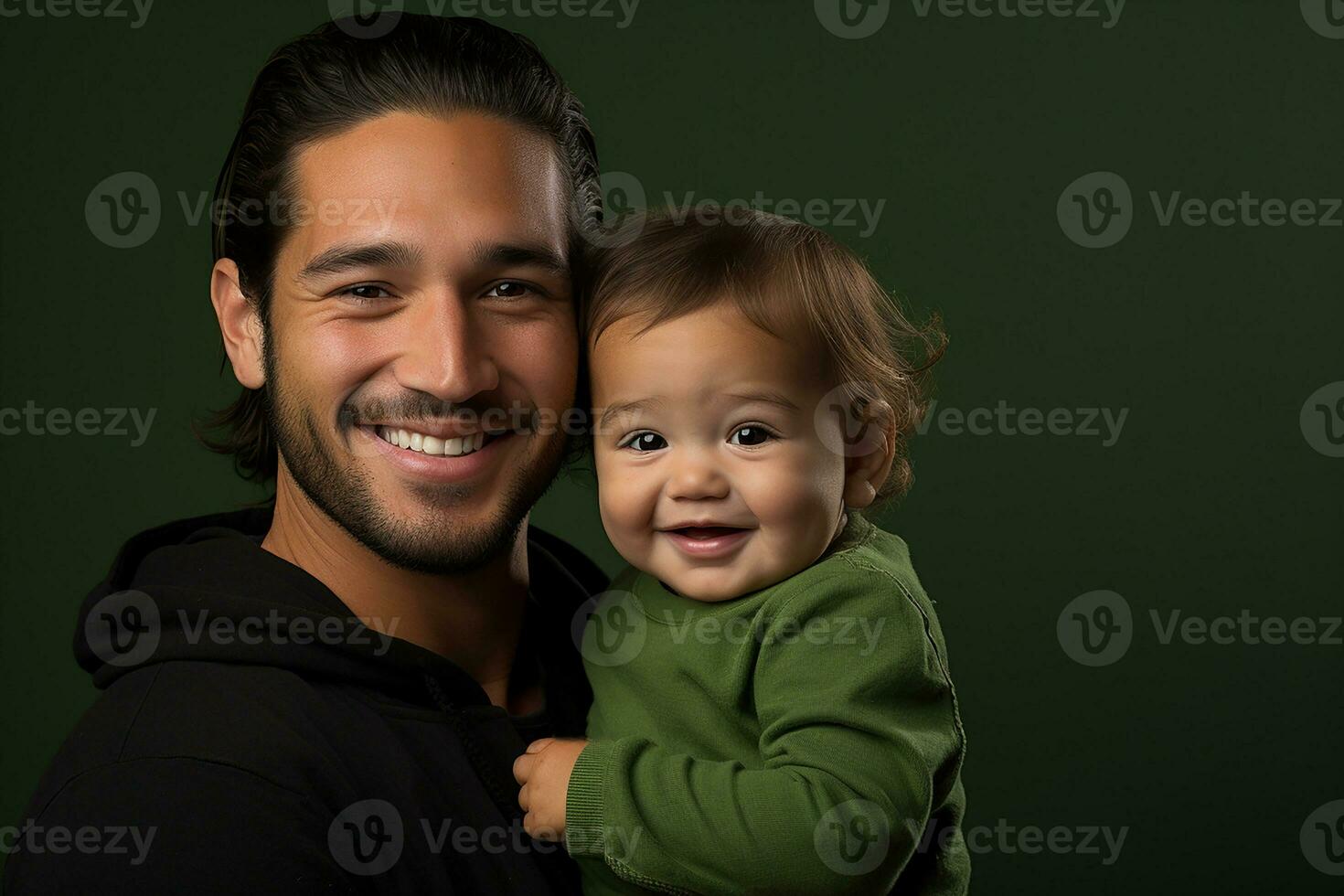 ai genererad studio porträtt av stilig man innehav spädbarn bebis i hans händer på annorlunda Färg bakgrund foto