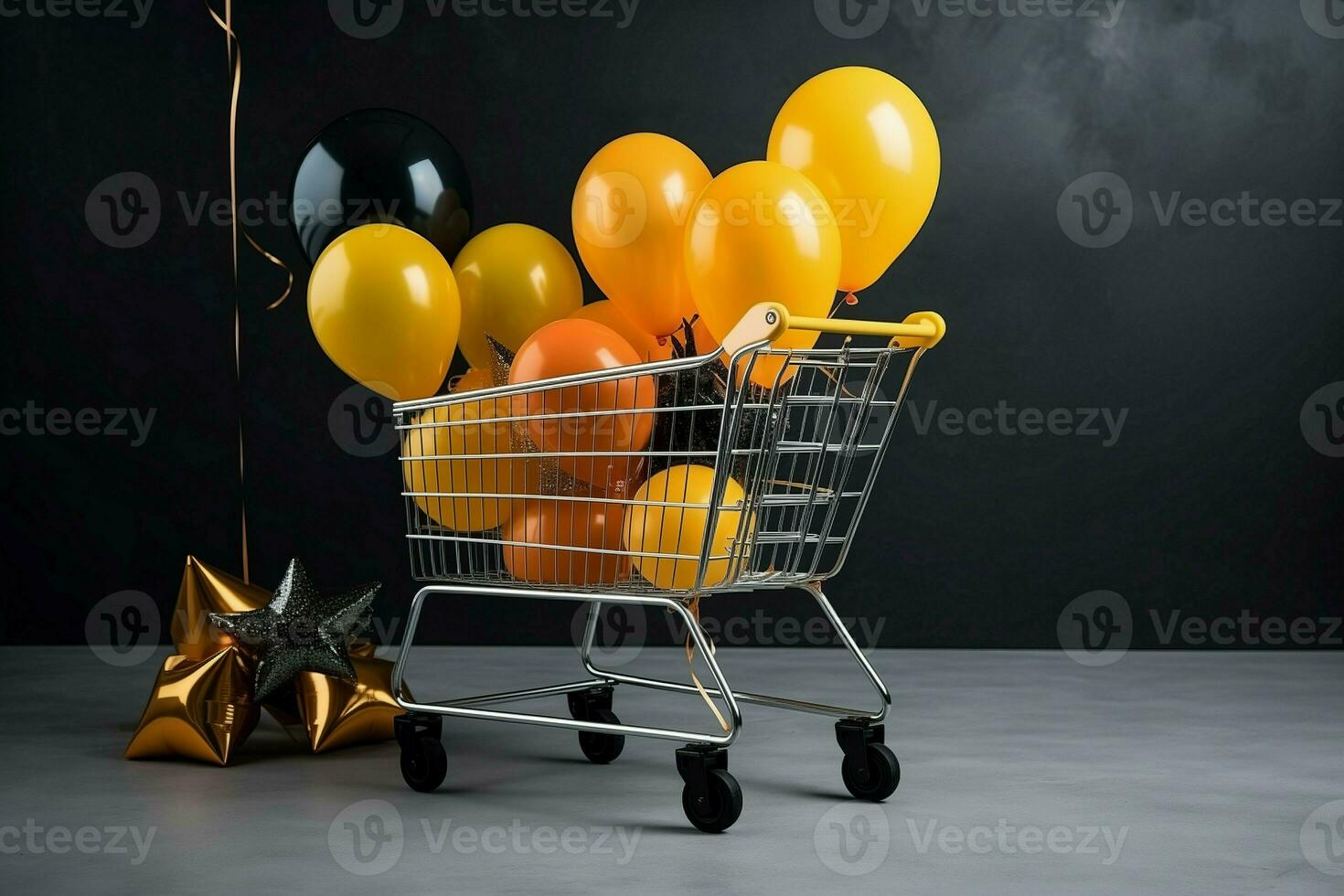 mataffär vagn gul orange ballonger. generera ai foto