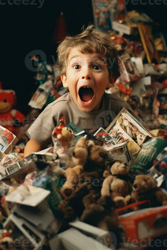 90s barn extatiskt packar upp favorit leksak mitt i vibrerande jul morgon- kaos foto