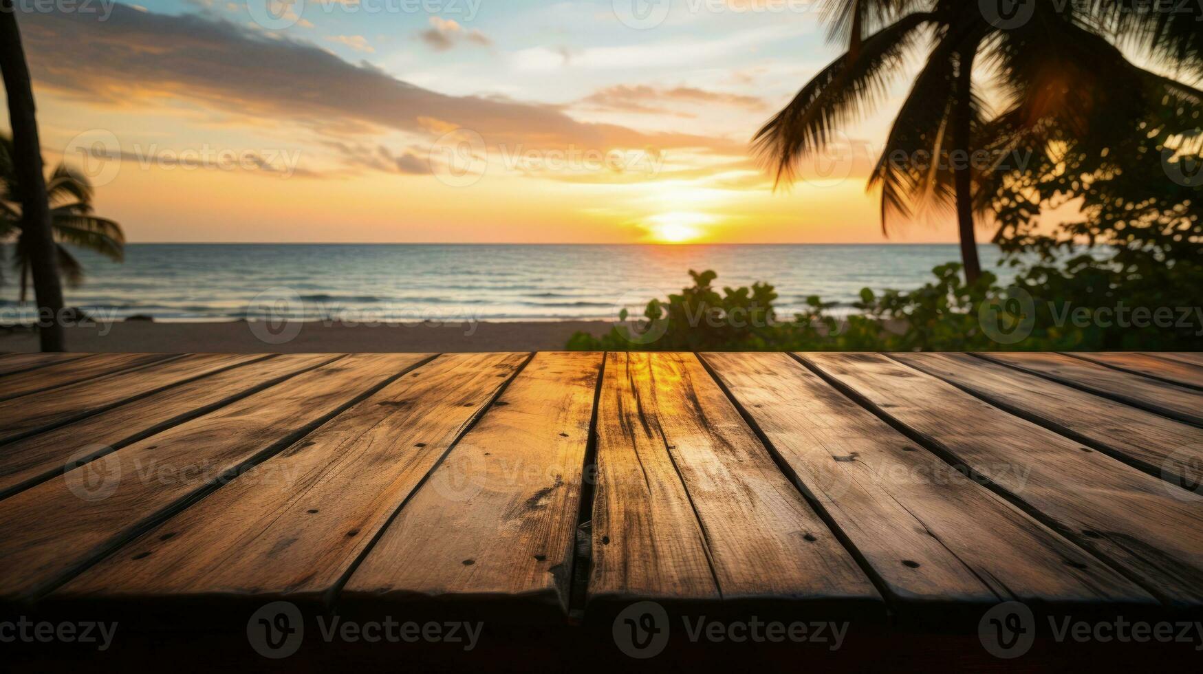 trä- tabell med en bakgrund av en tropisk strand på solnedgång foto