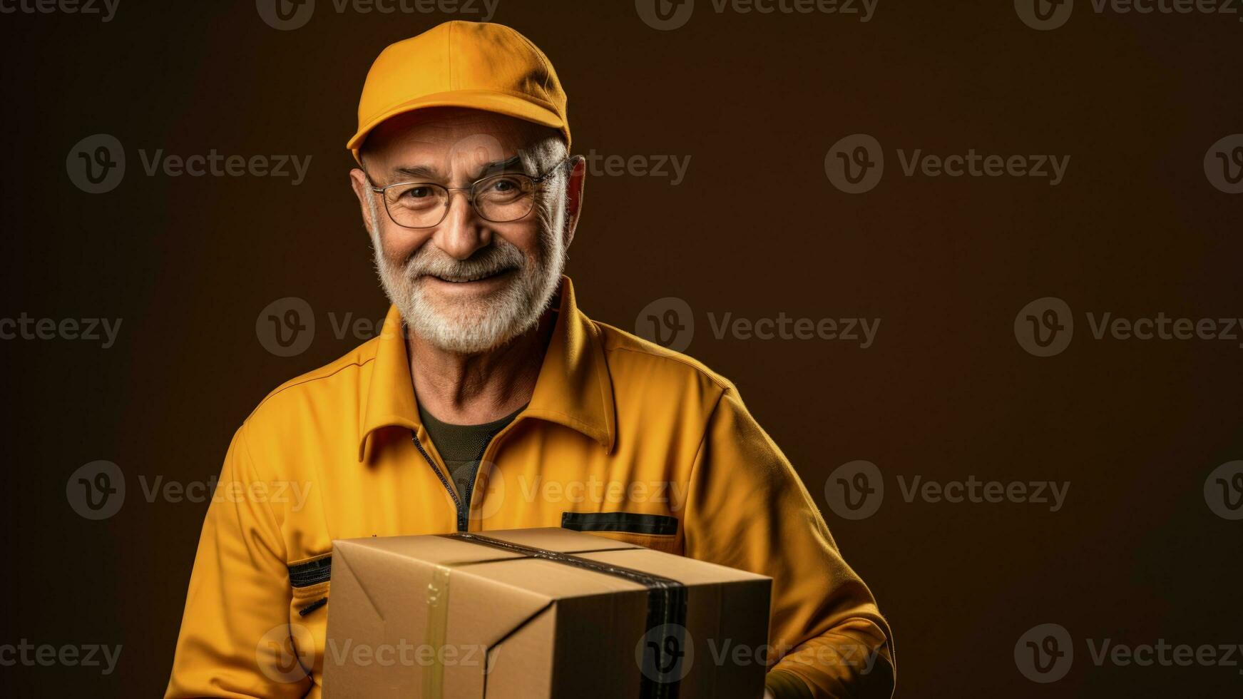 senior medborgare arbetssätt som en paket leverans man fast bakgrund med tömma Plats för text foto