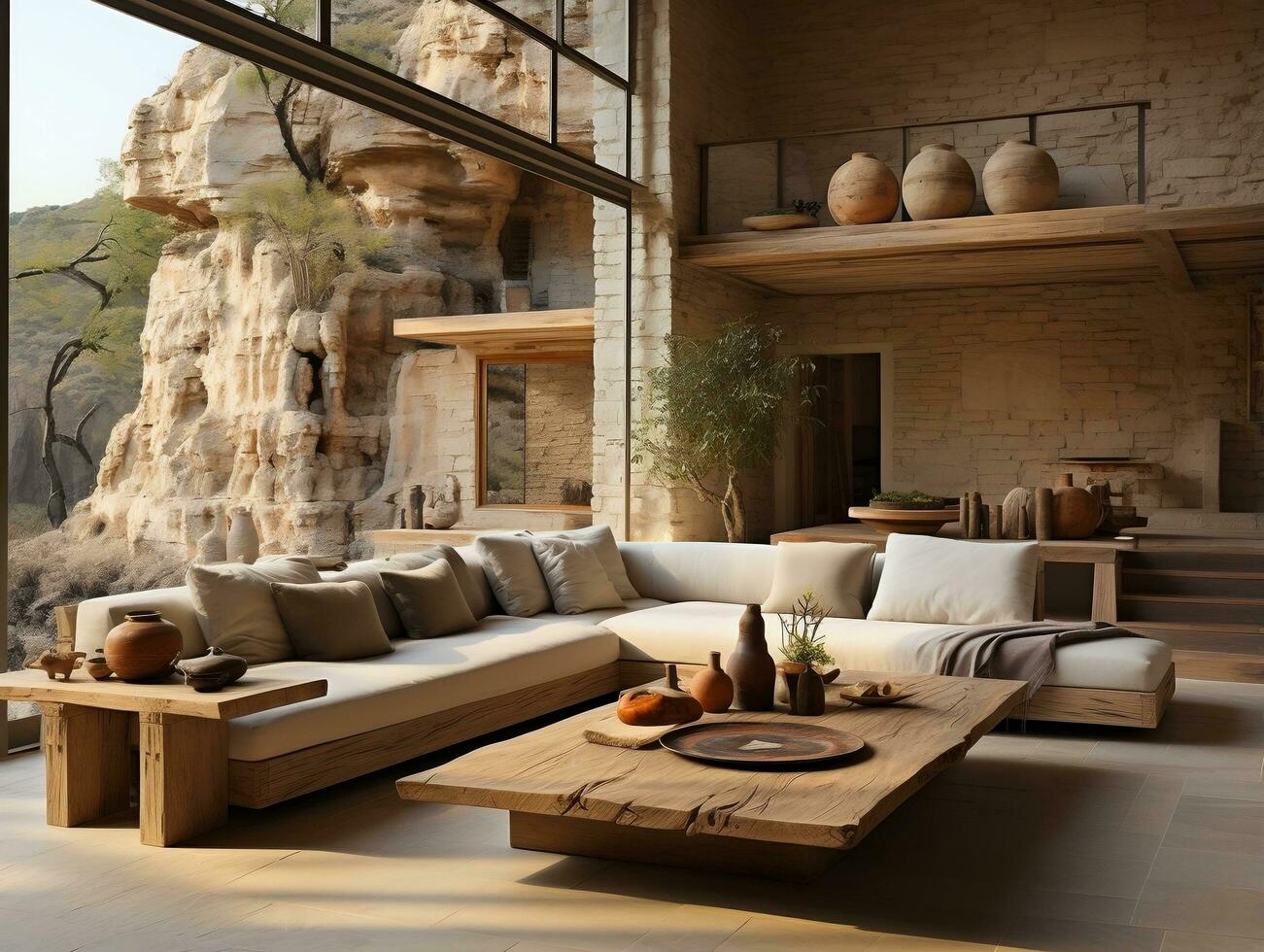 de levande rum är dekorerad på en sten golv och vägg med trä- möbel ai generativ foto