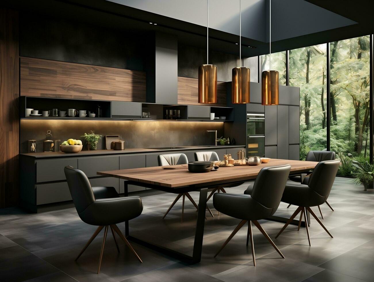 modern mörk väggar kök interiör med dining tabell och stolar ai generativ foto