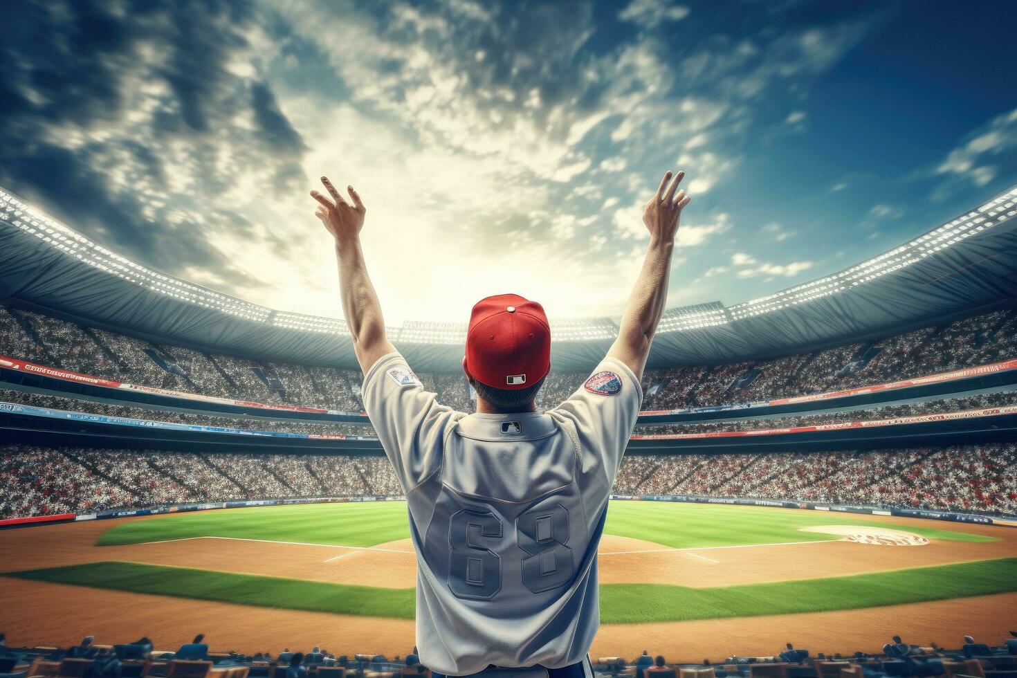 baseboll spelare i röd keps och vit t-shirt på stadion, bak- se av baseboll spelare kasta de boll på de professionell baseboll stadion, ai genererad foto