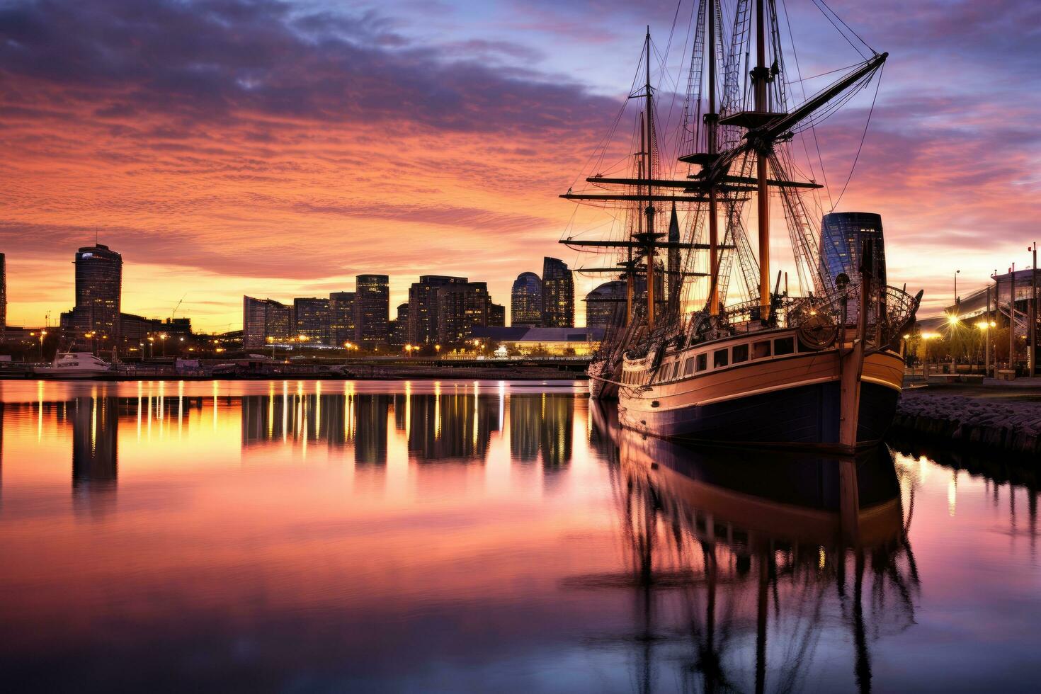 Yacht i de hamn av rotterdam på solnedgång, holland, buenos aires, puerto madero på natt, ai genererad foto