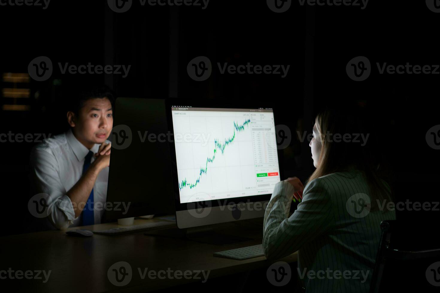både av ung asiatisk mäklare internationell stock handlare arbetssätt tillsammans på skrivbordet på natt kontor, internationell finansiell investering företag begrepp foto