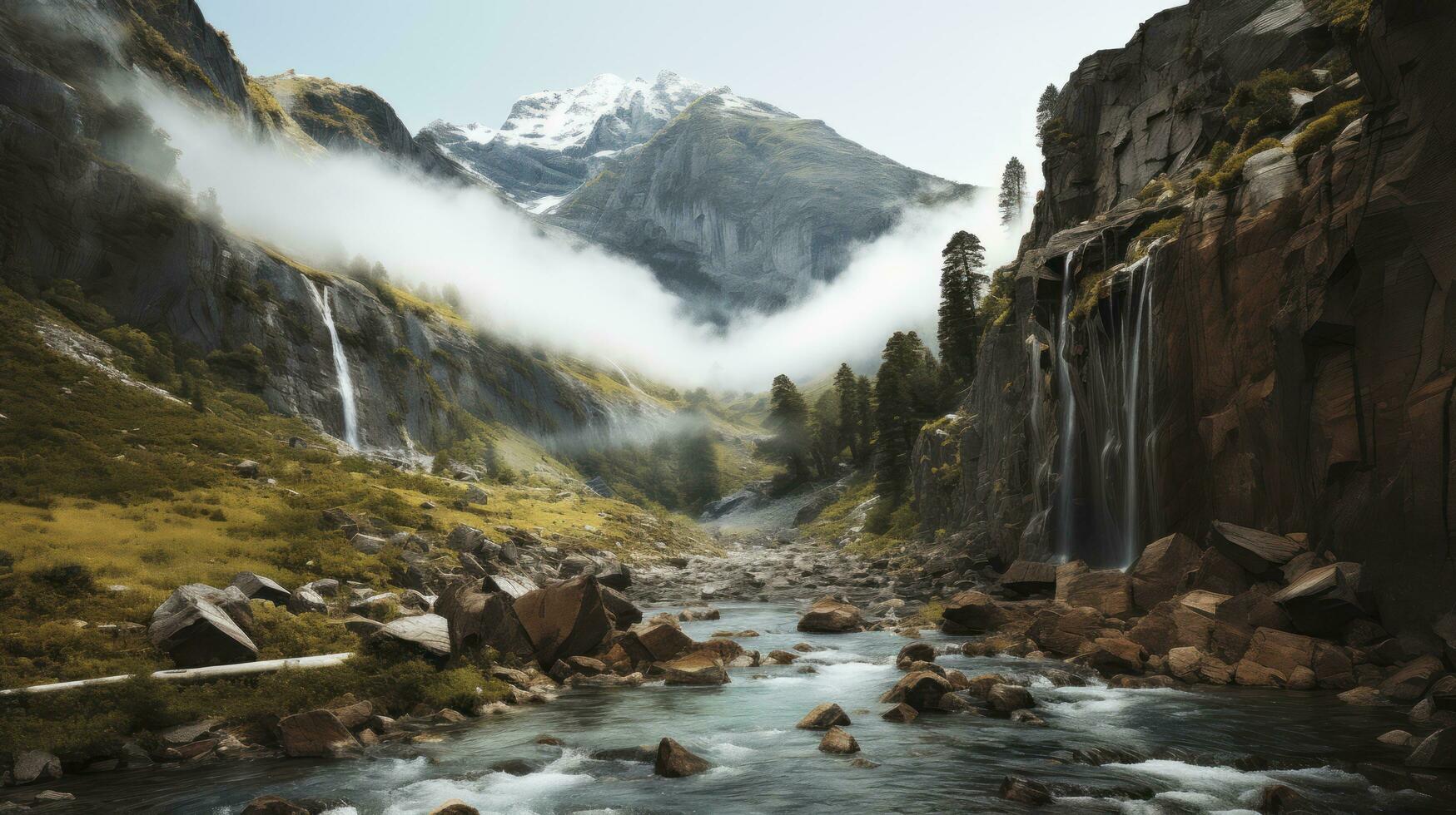 de naturskön vattenfallets dansa genom berg vyer. generativ ai foto