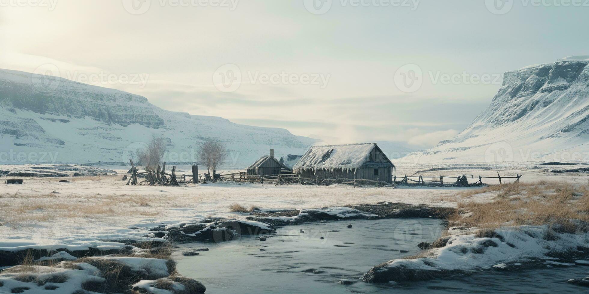 generativ ai, vinter- estetisk landskap med hus panorama, dämpad neutral färger, skog och berg.. foto