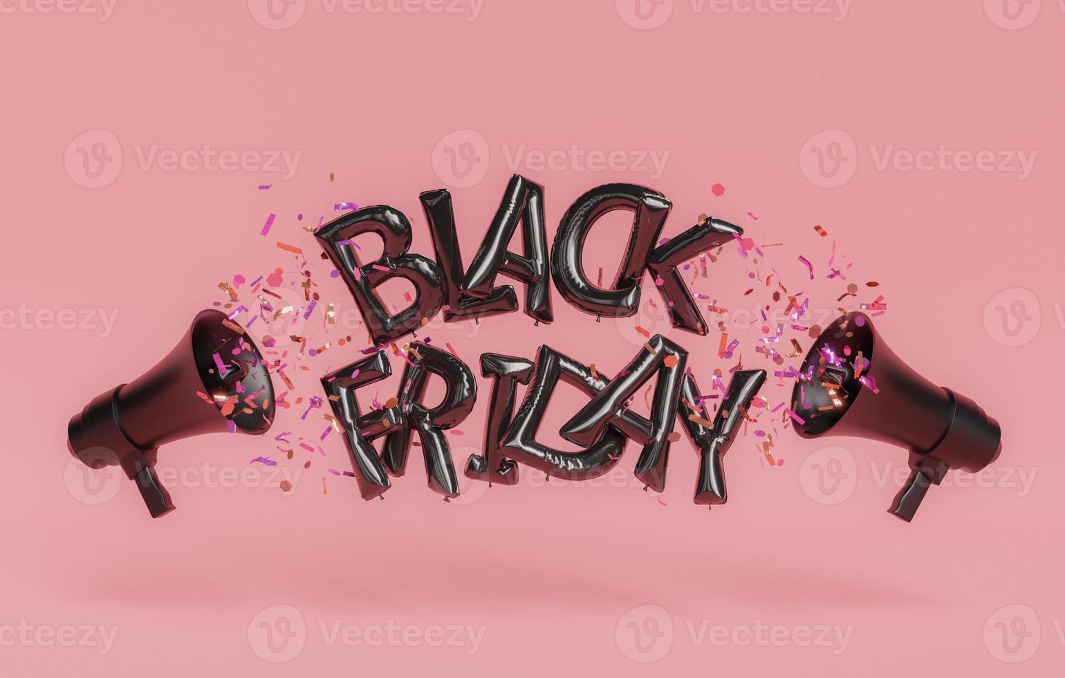 svart fredag ballong tecken med megafoner och konfetti foto