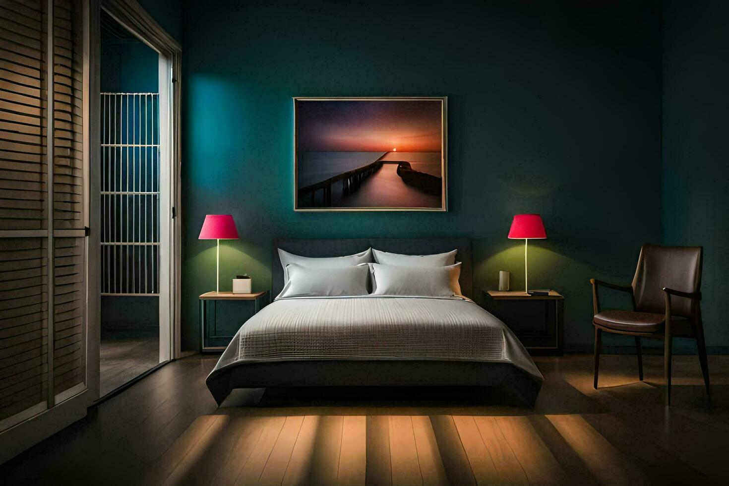 en sovrum med en säng och en målning på de vägg. ai-genererad foto