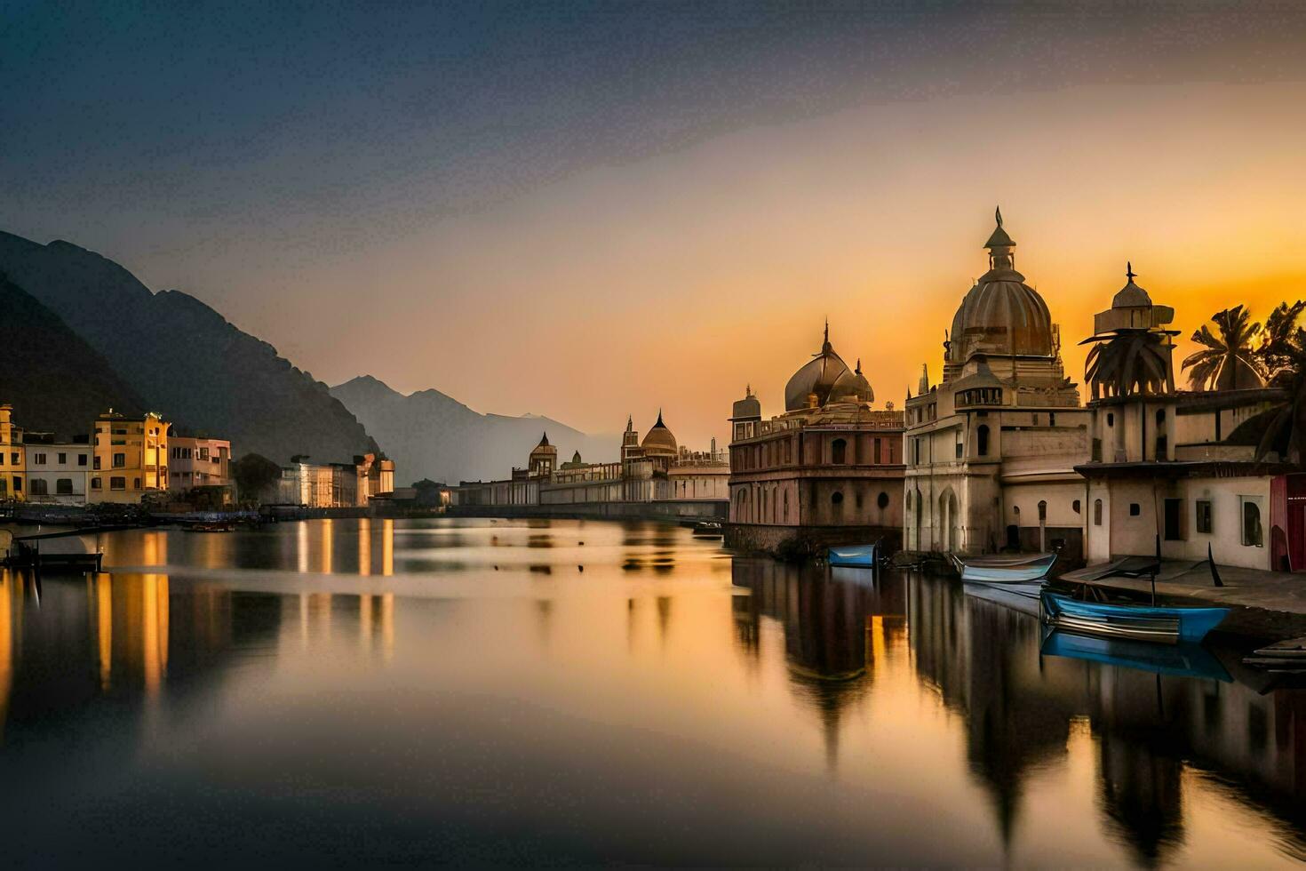 de Sol uppsättningar över de stad av udaipur, Indien. ai-genererad foto