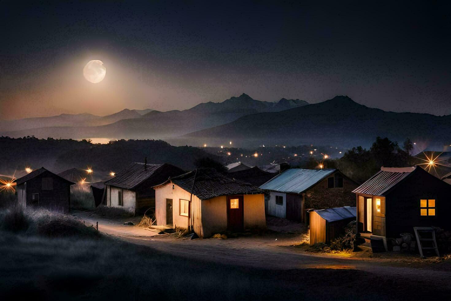 en full måne lyser över en by på natt. ai-genererad foto