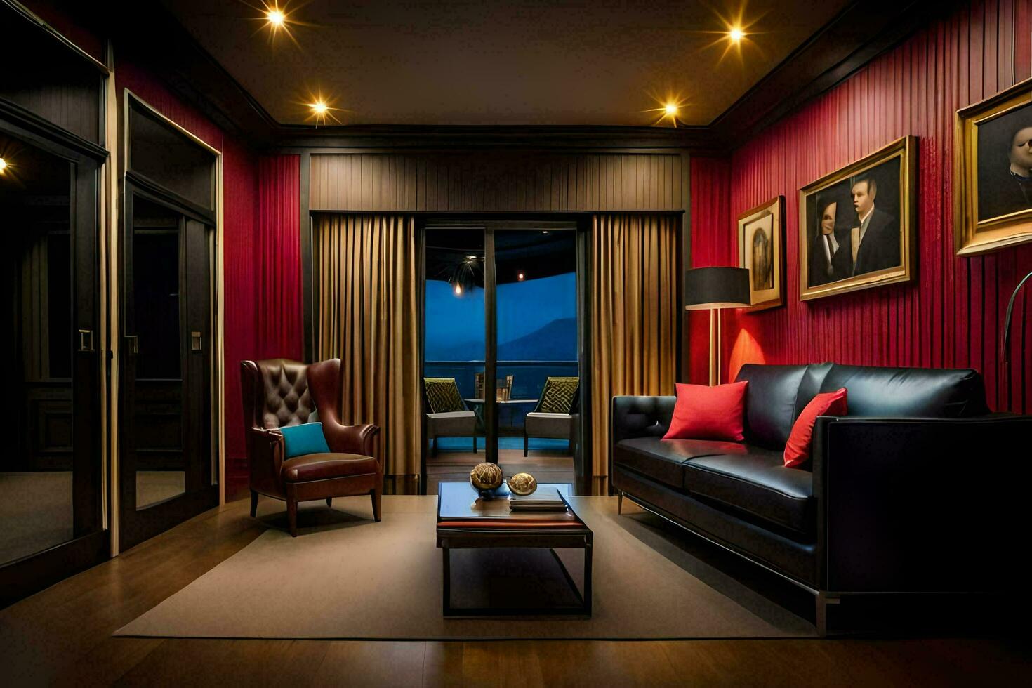 en levande rum med röd väggar och svart möbel. ai-genererad foto
