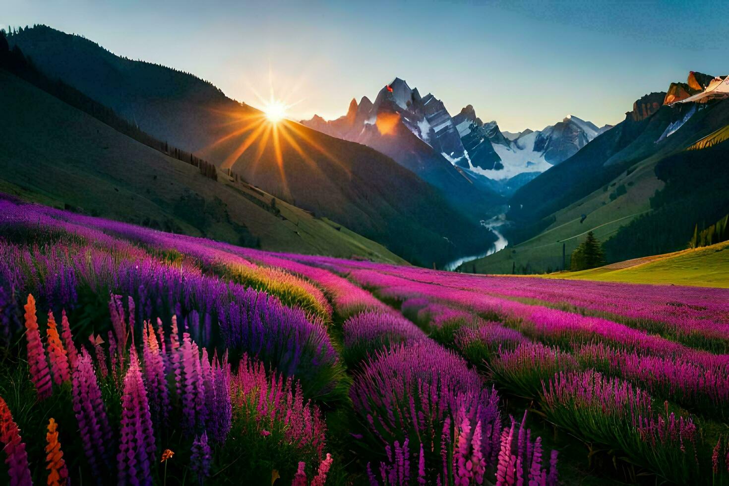 de Sol stiger över en fält av lavendel- blommor i de berg. ai-genererad foto