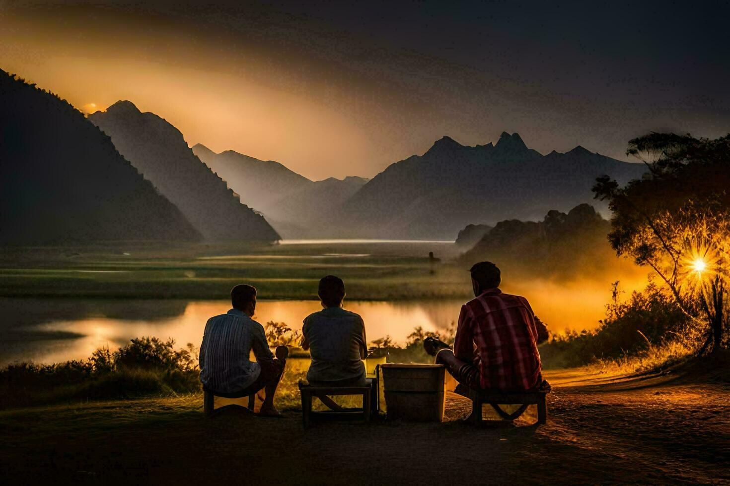tre människor Sammanträde på en bänk utsikt en sjö. ai-genererad foto