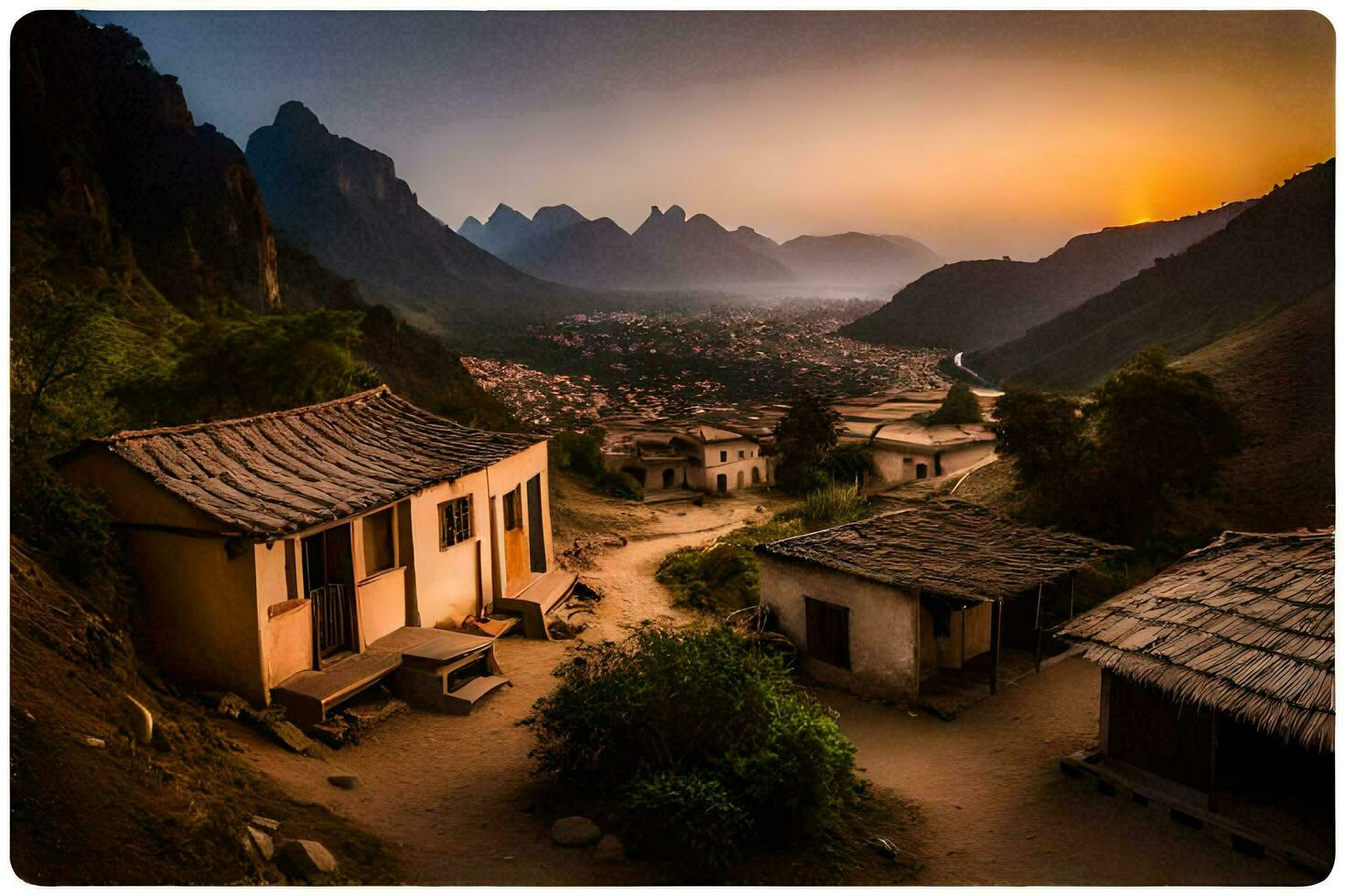 en by i de bergen på solnedgång. ai-genererad foto