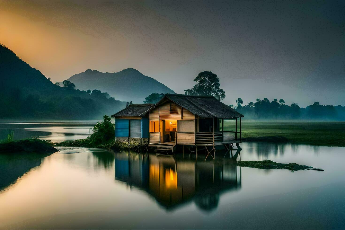en små hus sitter på de kant av en sjö på soluppgång. ai-genererad foto